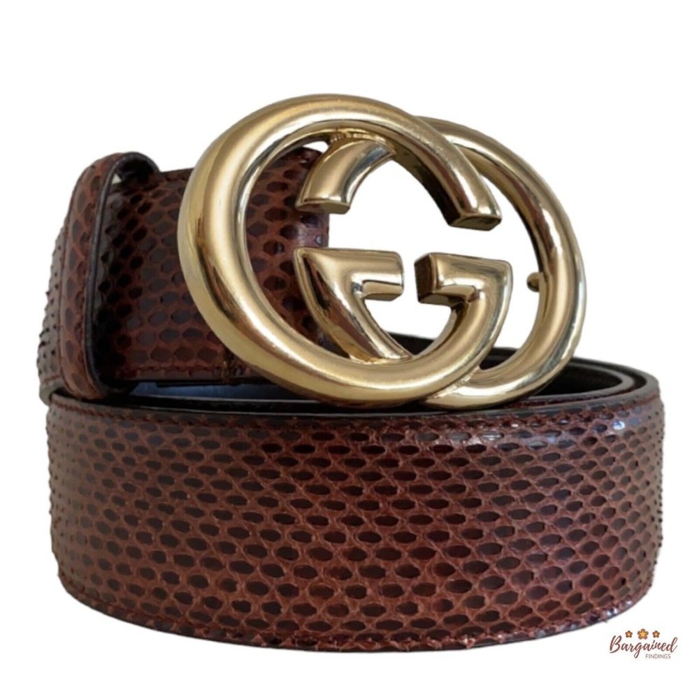 Authentic Gucci Maroon Python Leather Gold Interlocking G Buckle Belt Size 75/30